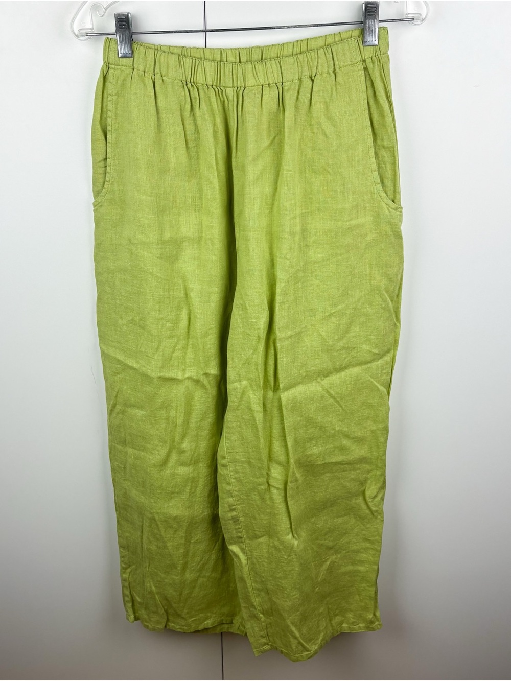 Flax 100% Linen Chartreuse Lime Green Straight Leg Pull On Pant Small Coastal